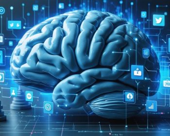 An illustration showing a human brain radiating waves overlaid with social media icons and data charts, symbolizing the intersection of neuroscience research and social media strategy.