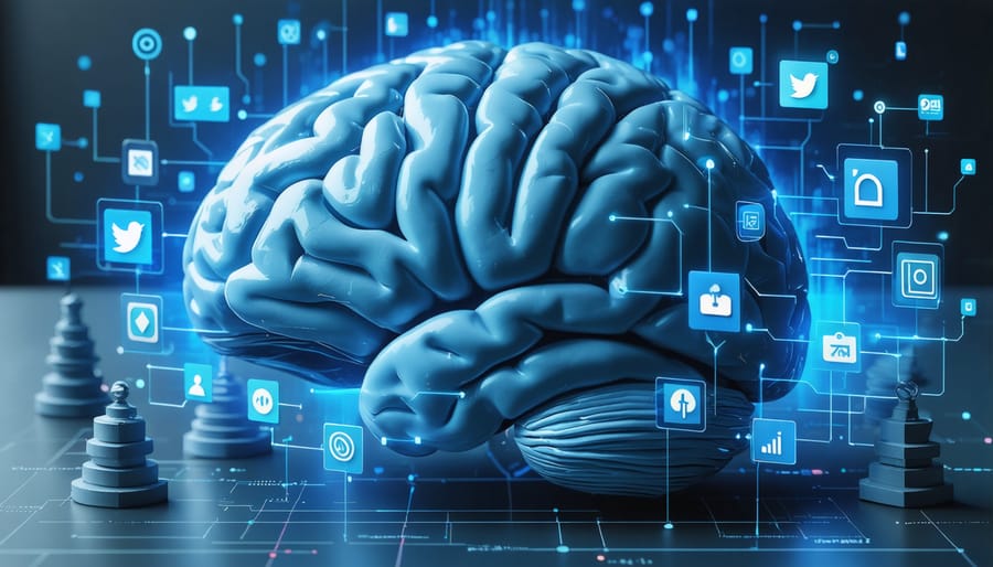 An illustration showing a human brain radiating waves overlaid with social media icons and data charts, symbolizing the intersection of neuroscience research and social media strategy.