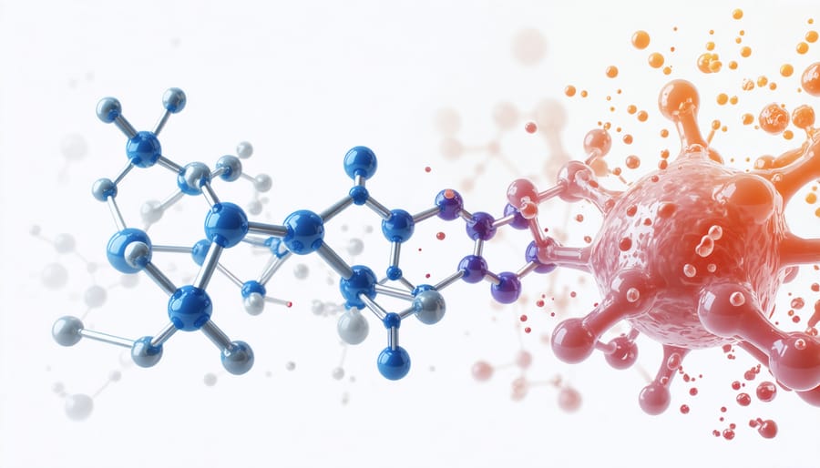 Scientific visualization of enzyme molecules interacting with dirt particles