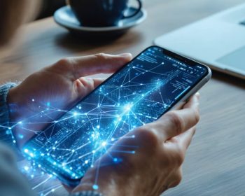 Hands holding a smartphone with a glowing abstract AI network hovering above the screen, representing real-time loan underwriting, with a blurred home desk, laptop, and coffee cup in the background