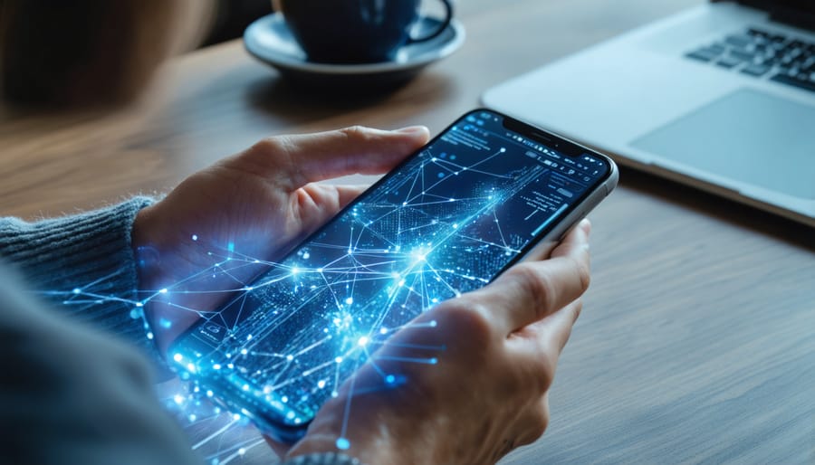 Hands holding a smartphone with a glowing abstract AI network hovering above the screen, representing real-time loan underwriting, with a blurred home desk, laptop, and coffee cup in the background