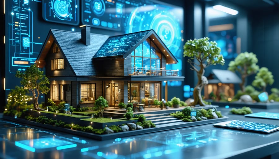 Hands holding smartphone showing loan application with AI processing visualization