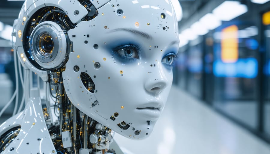 Researcher working on AI development at computer workstation with multiple monitors