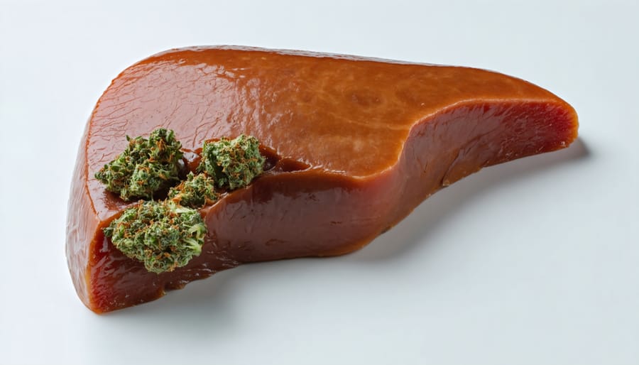 Anatomical liver model showing the organ responsible for metabolizing ingested THC
