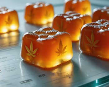 Close-up of translucent amber THC gummies on a glass lab bench with out-of-focus beakers and a pipette in the background under cool, diffused lighting.
