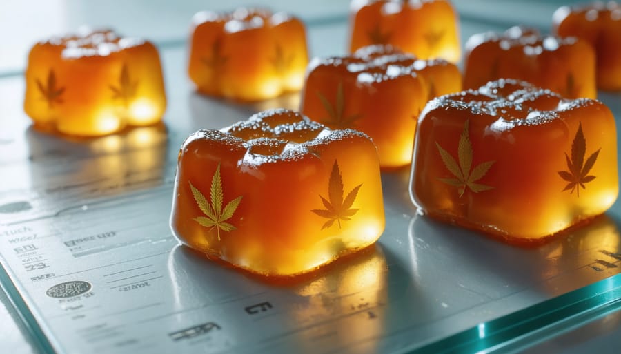 Close-up of translucent amber THC gummies on a glass lab bench with out-of-focus beakers and a pipette in the background under cool, diffused lighting.