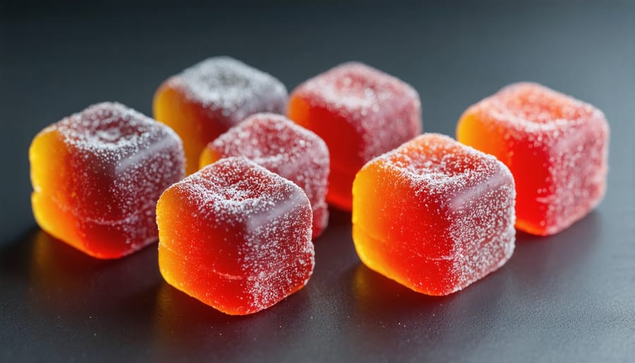 Close-up of translucent THC gummies on laboratory surface with scientific equipment in background