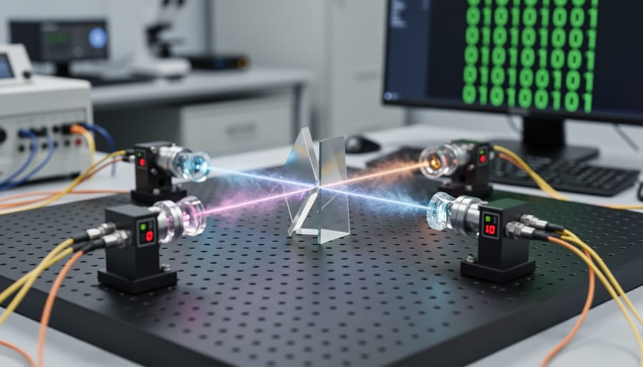Laser beam passing through quantum optical equipment demonstrating photon-based random number generation