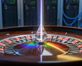 Close-up angled view of a roulette wheel illuminated by a crystal prism splitting light into spectral colors, with softly blurred server racks and fiber-optic cables in the background.