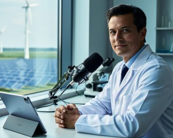 Scientist in a lab coat at a window-side desk with a podcast-style microphone and tablet, wind turbines and a solar farm visible outside, soft natural daylight, background lab equipment blurred, no visible text or logos.
