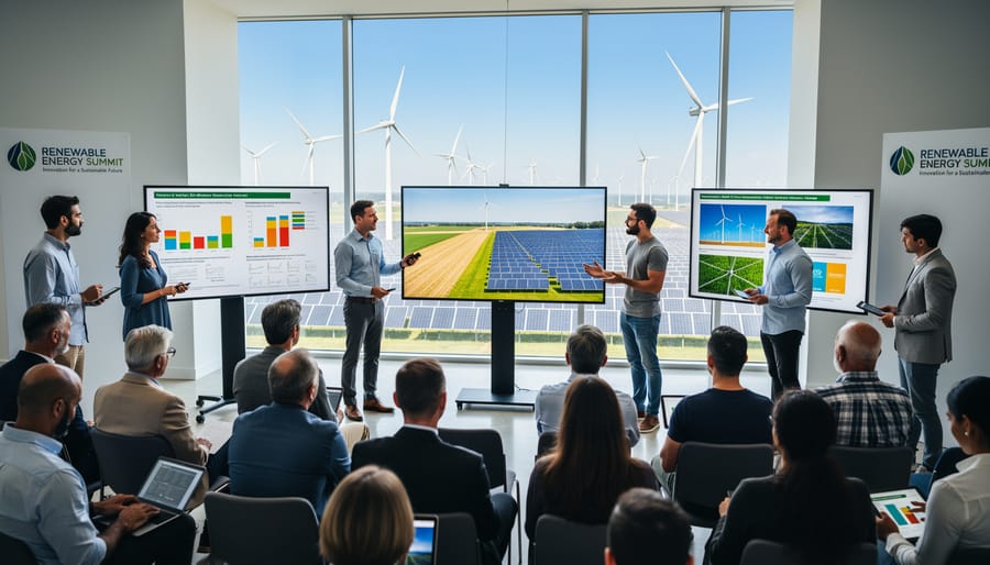 Scientists collaborating in laboratory examining solar panel technology