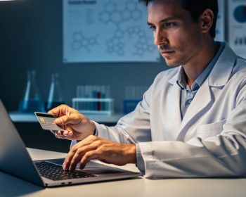 Close-up of a person in a lab coat at a desk with a laptop, one hand holding a credit card and the other hovering over the keyboard, with blurred lab glassware behind, illustrating the temptation to buy social-media engagement for science news.