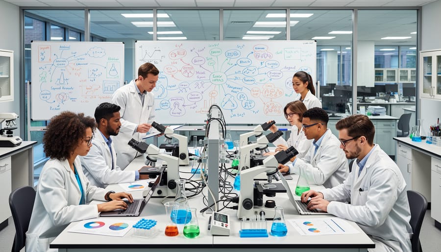 Diverse group of scientists collaborating in modern university research laboratory