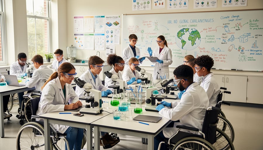 Diverse students engaged in collaborative scientific discussion in university classroom