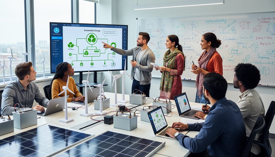 Multi-ethnic students working together on solar panel research project at university