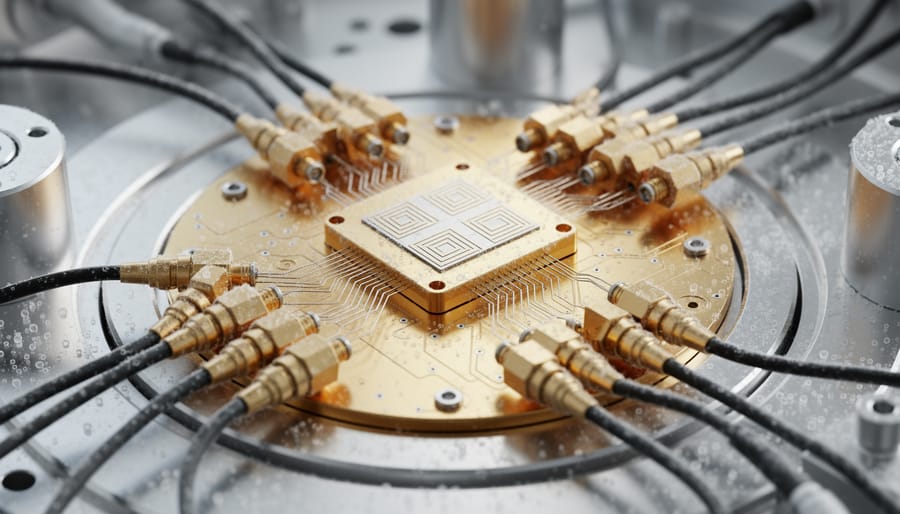 Macro close-up of delicate superconducting quantum hardware connectors and wiring on a metal chip carrier