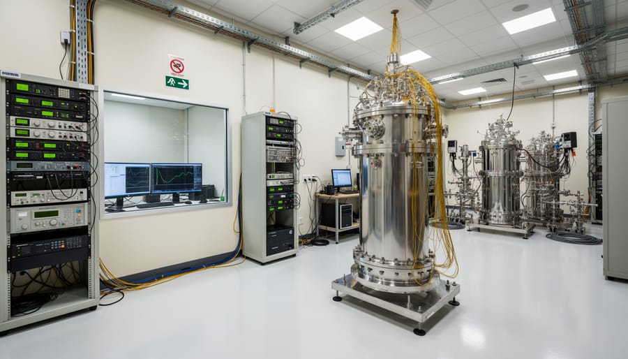 Technician in a clean-room suit standing next to a metallic cryogenic cryostat in a quantum computing lab