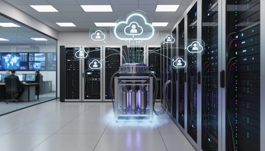 Wide view down a data center corridor with rows of server racks and small indicator lights