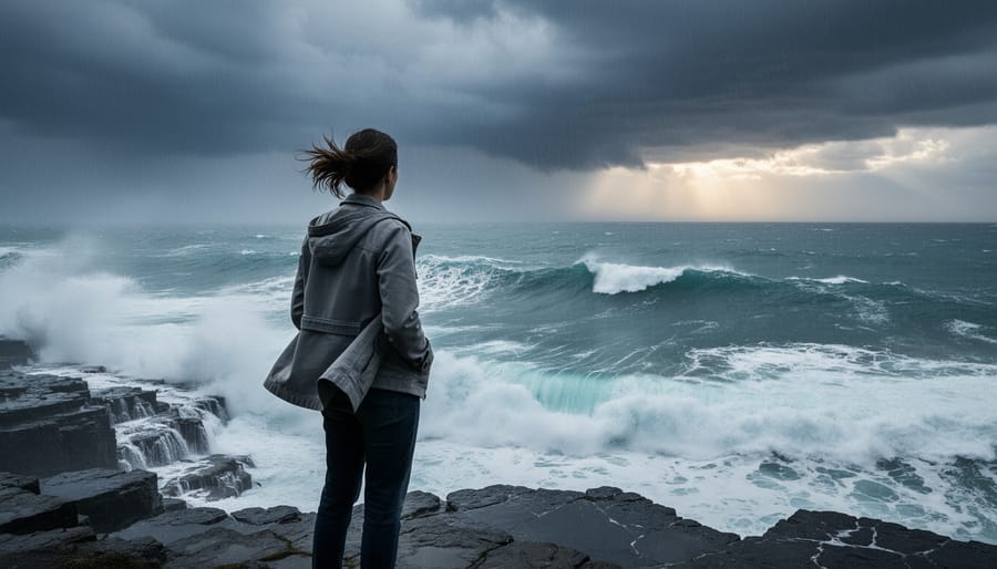 A person stands on a stormy coastline looking out at rough waves under rain.