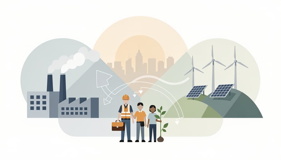 Clean energy workers in hard hats standing near a wind turbine and solar panels outdoors.