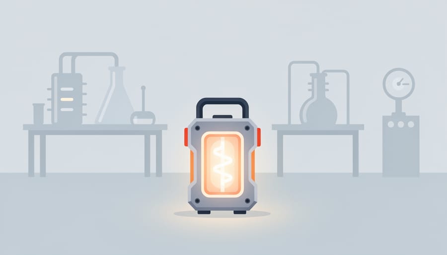 Close view of a compact metal lab energy device with subtle heat-haze glow effect.