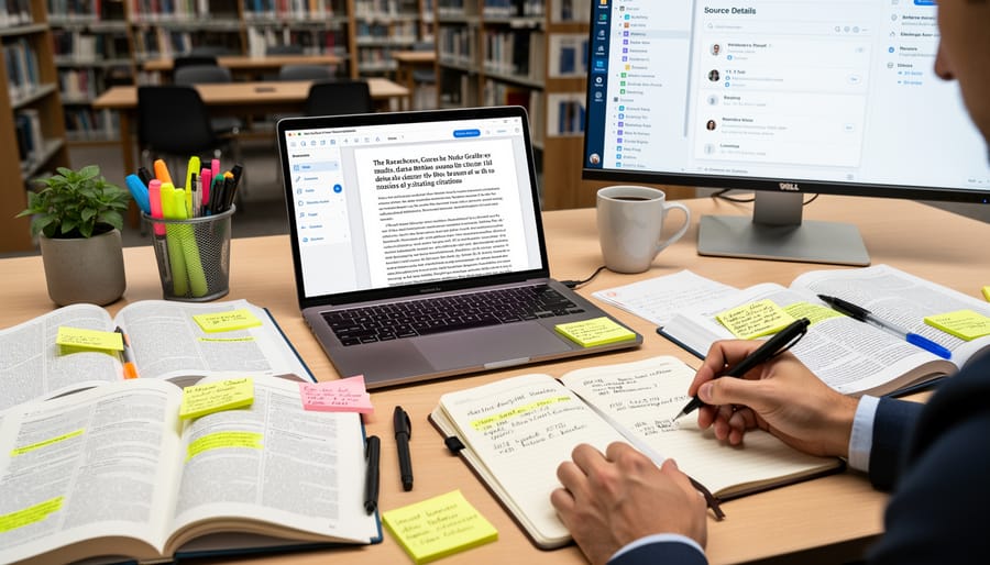 Hands typing on a laptop next to a notebook and writing tools in a study workspace