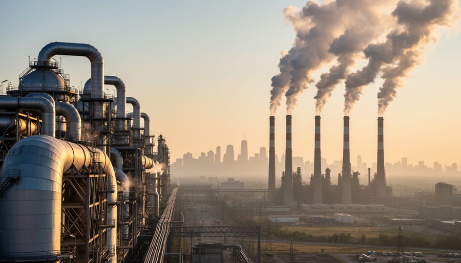 Industrial plant with smokestacks releasing plumes under golden hour light