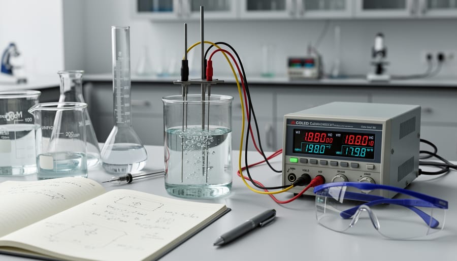Lab tabletop electrolysis setup with a glass cell, metal electrode, and connected instruments.