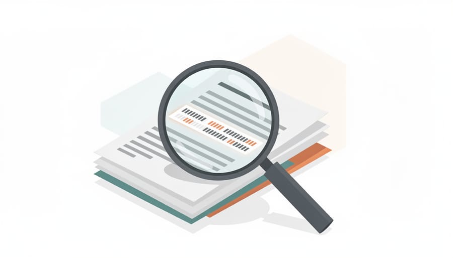 Magnifying glass examining a printed reference page on a desk