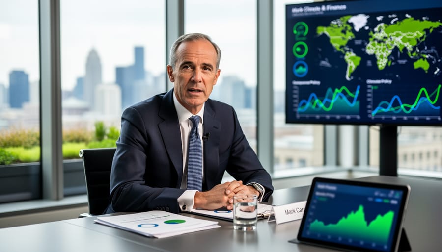 Mark Carney walking outdoors near modern government buildings in soft daylight