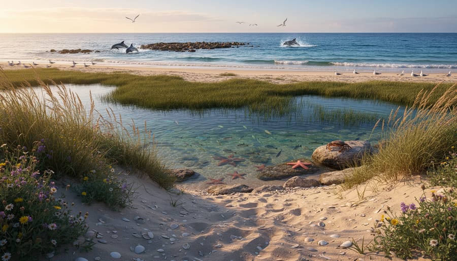 Restored coastal wetland with aquatic plants, shallow water, and birds at sunrise.