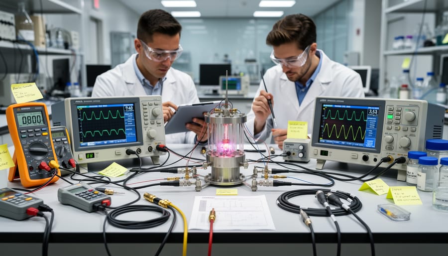 Scientist adjusting laboratory instruments including calorimetry equipment and a neutron detector module.