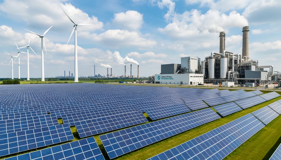 Solar panels and wind turbines in the background at an energy facility