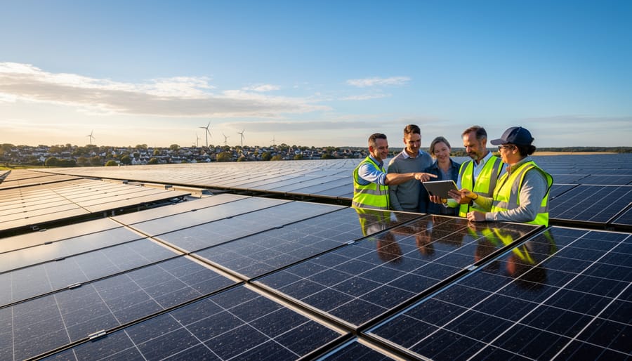 Solar panels installed on rooftops with a bright sky in the background.