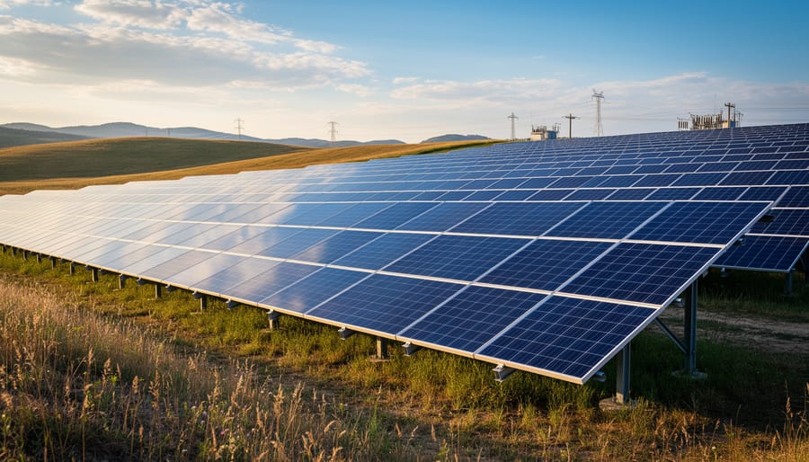 Utility-scale solar panels in a large solar farm under soft overcast daylight.