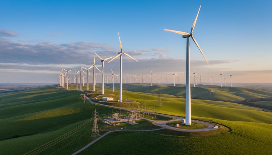 Wind turbines along a coastal landscape at sunset