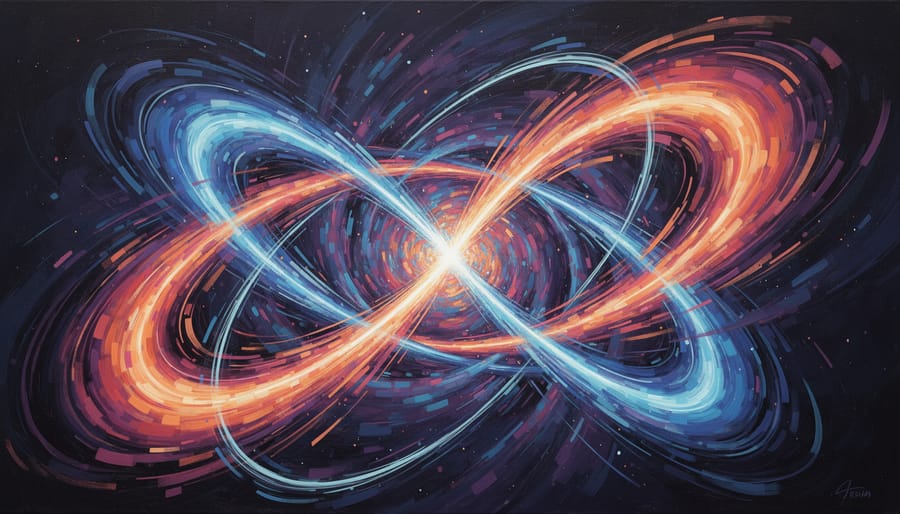 Abstract swirling light trails representing quantum connections over a dark background.