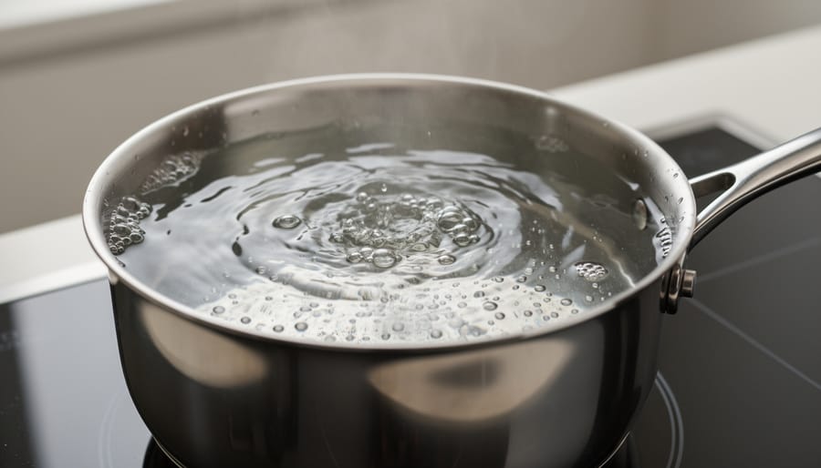 Macro view of hot water in a beaker showing gentle convection movement and tiny bubbles near the bottom