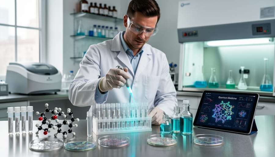 Gloved hands holding a transparent cuvette on a biochemistry lab workbench under soft studio lighting