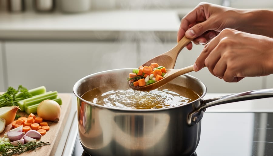 Chef’s hands ladling from a stockpot with gently simmering water and visible steam in a home kitchen