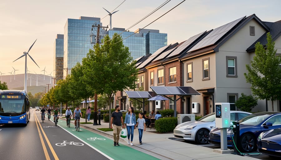 People walking near a building with rooftop solar panels and electric vehicle charging