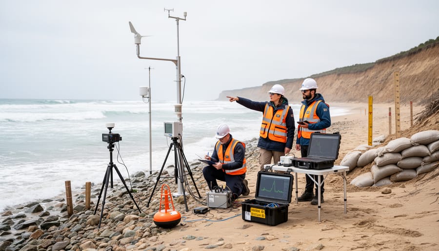 Climate research team on a Canadian coastline near a monitoring buoy under an overcast sky