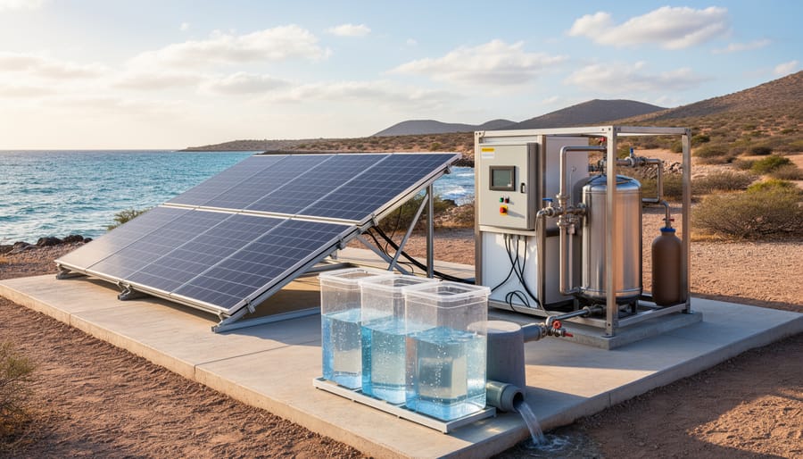 Wide view of a coastal solar desalination setup with solar collectors and water storage containers in bright daylight