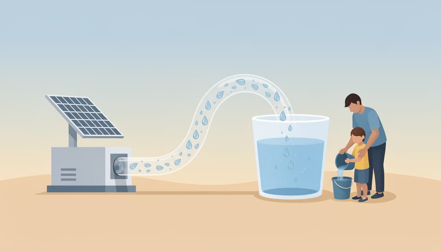 Person filling containers from a hose connected to a solar desalination system during golden hour