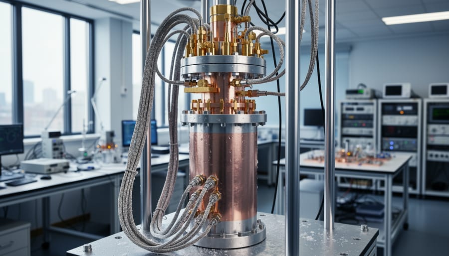 Researcher’s hands adjusting a cryogenic apparatus in a dark high-tech laboratory.