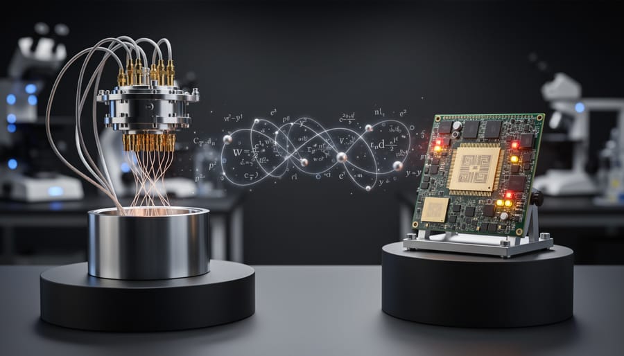 Two quantum chips mounted on a metallic cooling stage inside a vacuum chamber.
