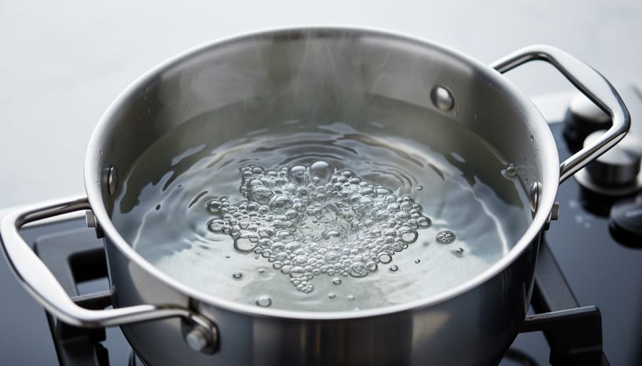 Stainless-steel pot of water gently simmering with small bubbles rising and light steam on a stovetop