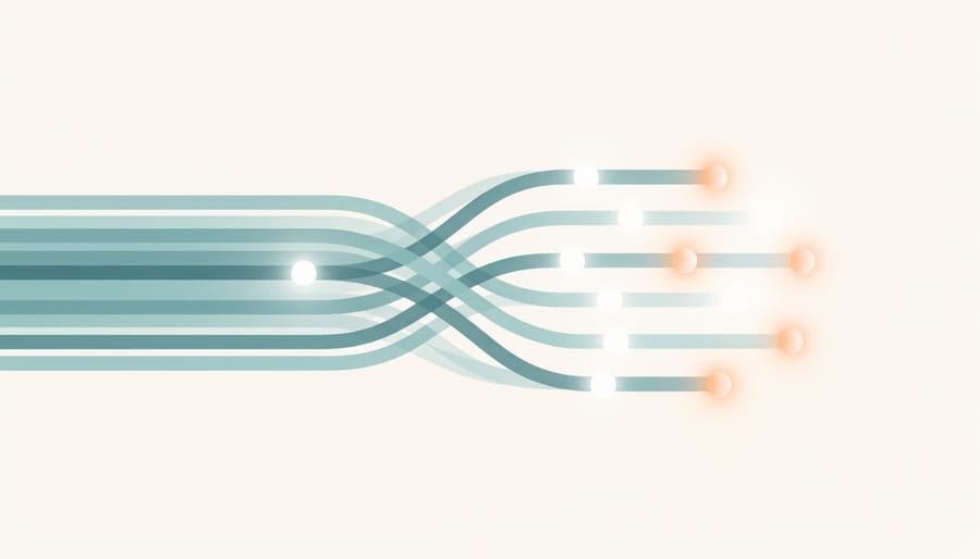 Close-up view of glowing specks traveling through dark optical fibers.
