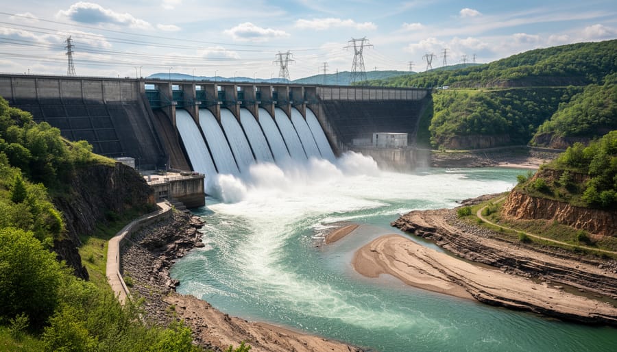 Hydroelectric dam with flowing water in a river gorge under bright sunlight
