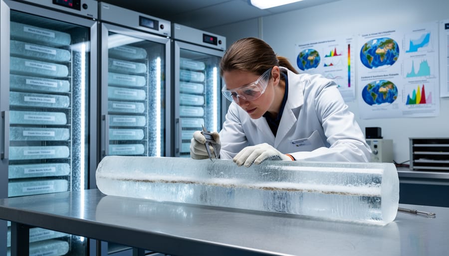 Gloved hands holding an insulated container with layered ice samples in a laboratory